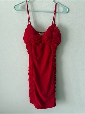 Privy Vibrant Red Ruched Mini Dress with Spaghetti Straps